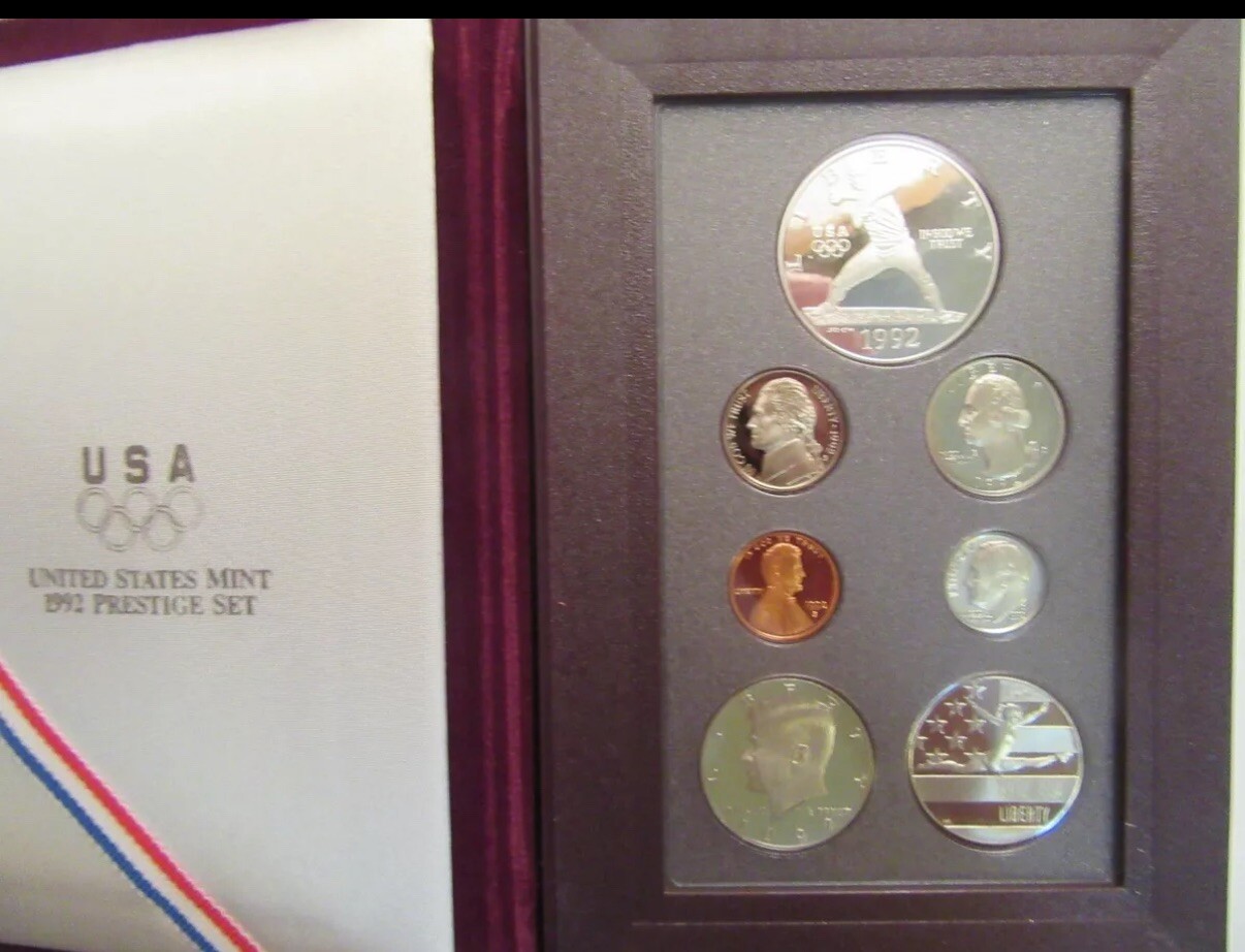 1992 US Mint Prestige set, Olympic Baseball silver dollar, 7 proof coins w/coa