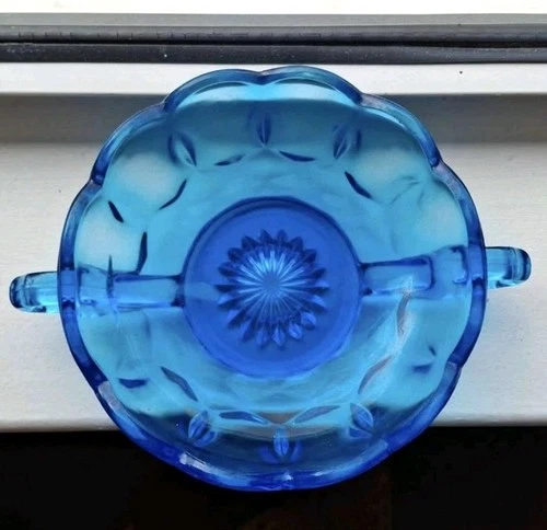 Vintage Anchor Hocking Fairfield Aqua Blue Glass Bowl Candy Dish with Handles