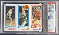 1980-81 Topps - Larry Bird Rookie Card HOF RC- Fred Brown - Ron Brewer PSA 7 NM. rookie card picture