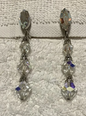 Vintage Lewis Segal Aurora Borealis Clip-On Earrings crystal glass Made in USA - Image 1 of 4