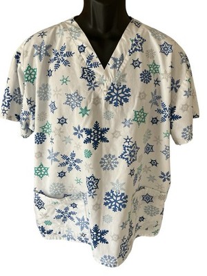 Working Scrubs by White Swan Scrub Top Women's XL White Blue Snowflakes V-Neck