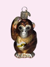 Glass Monkey Christmas Tree Ornament Hand-Painted Glitter Accents Decorative 4 I