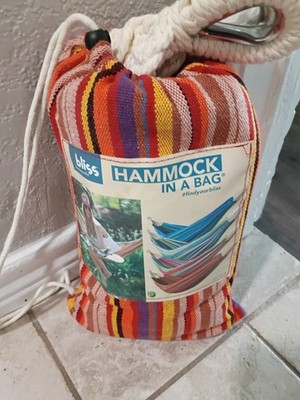 Bliss Hammocks Portable Striped Cotton Multicolor Hammock In A Bag with Hardware