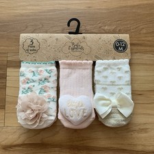 Baby Essentials 3 Pair Socks Assorted Colors 0-12 Months Girls Floral Hearts New