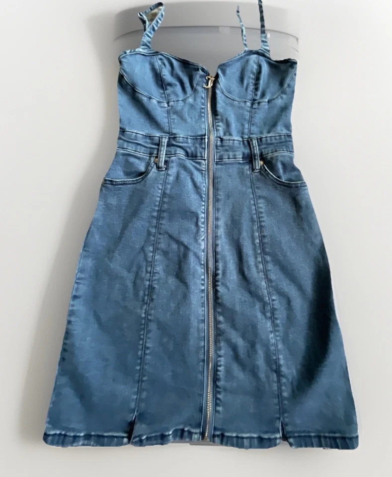 Juicy Couture Denim Corset Dress Small Zip Front Sweetheart Neckline Medium Wash - Image 2 of 4