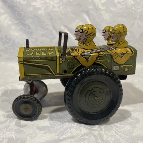 Vintage 1940s Marx Jumpin Jeep Metal Tin Litho Wind-Up Military Army Toy Vehicle