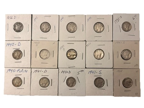Silver Mercury Dime Lot (15) 1931-1945 Mixed Dates/D S Plain High Grade XF VG