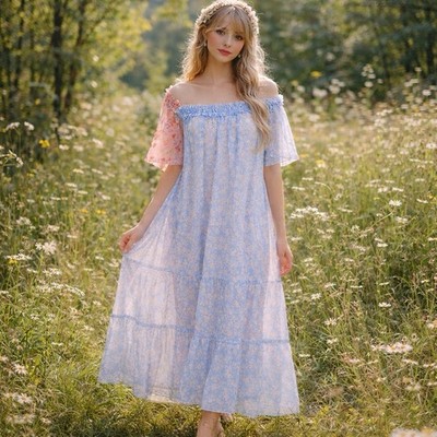 Eywasouls Dress M/L Shana Flower In The Sky Blue Pink Floral Cottagecore Fairy