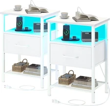 Night Stand Set 2 End Table with Charging Station LED Bedside Table w/Drawer