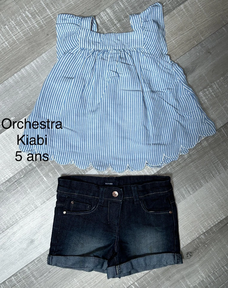 Orchestra Kiabi 5 Ans Fille : CHEMISIER Rayé Bleu Et Short Jean Été TBE - Photo 1/1