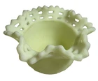 Vtg Fenton Basket Weave Bowl - Ruffle Lace Edge Uranium Vaseline Satin Custard