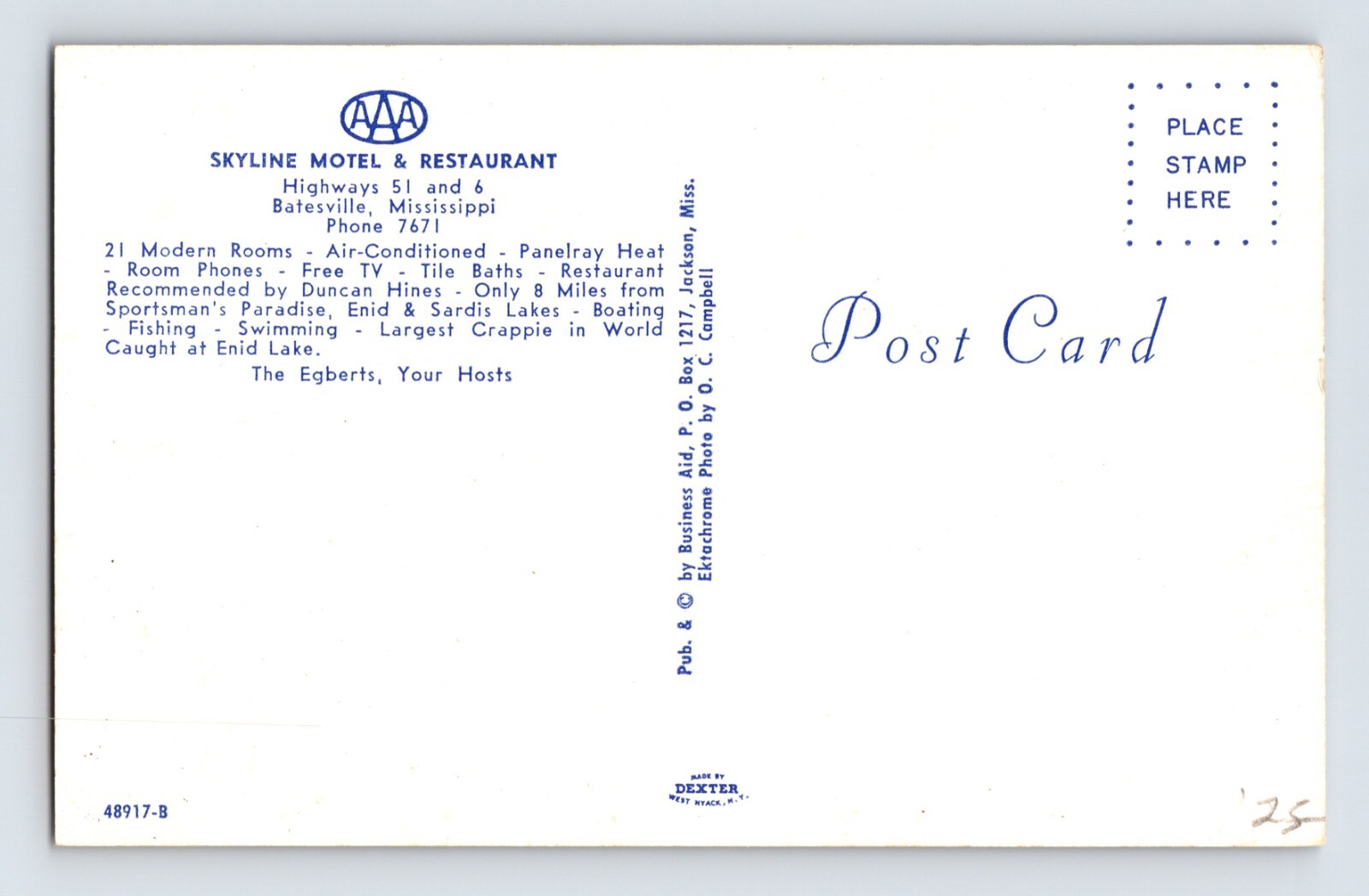 Postcard Mississippi Batesville MS Skyline Motel Restaurant 1960s Unposted