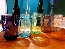 Tarro de albañil pinta de bola ~ púrpura claro azul rosa ~ 16 oz ~ VIDRIO DE COLOR