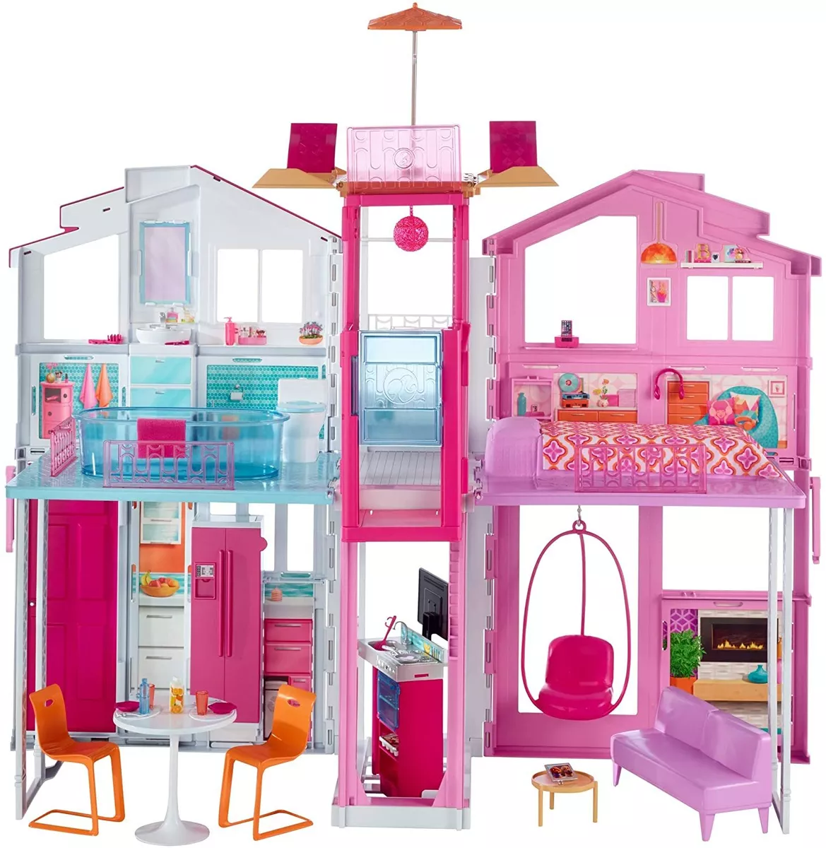 ✅New Mattel Barbie 3 Story Pink Furnished Doll Town house Dreamhouse  Townhouse✅✅