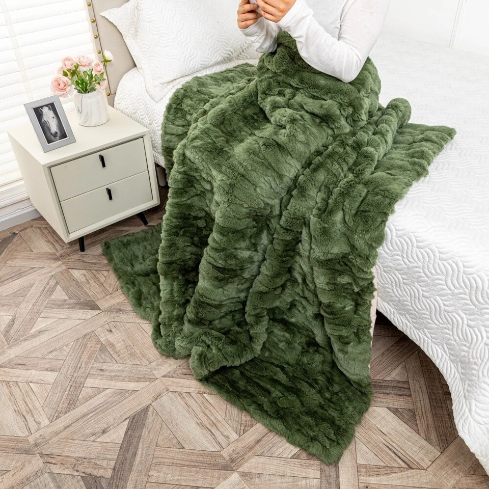 Manta de piel de conejo Rex real verde manta de cuero alfombras de piel Queen 79""x55"" Foto 4 de 4