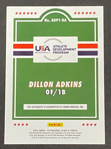 Dillon Adkins 2022 Panini USA Baseball Stars & Stripes Auto RC #ed 336/399 - Picture 6 of 10