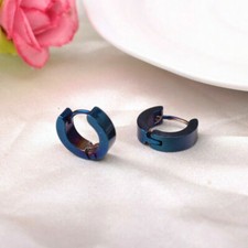 Fun New Unisex Stainless Steel Blue Smooth 13mm 4mm Round Huggie Hoop Earrings