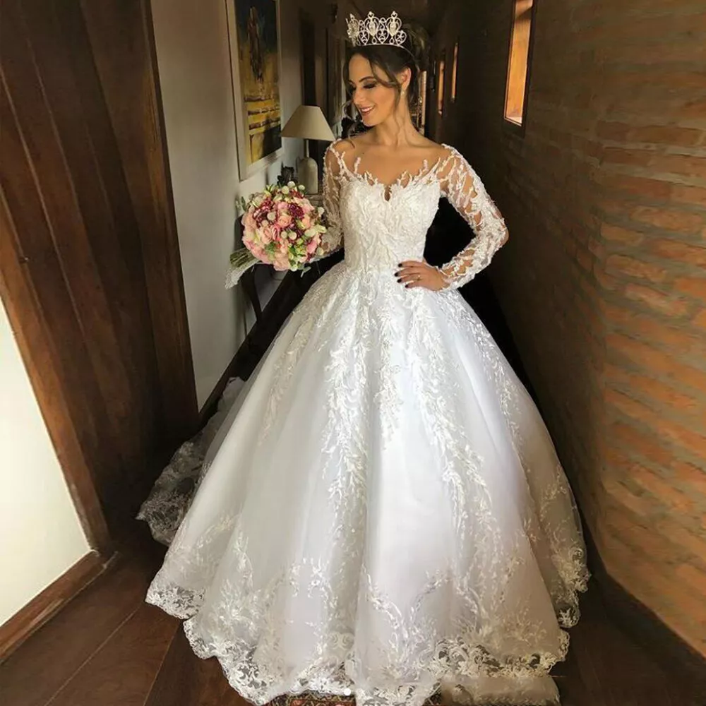 Luxury Wedding Dresses Long Sleeves Lace Pearl Beaded White Ivory Bridal Dresses