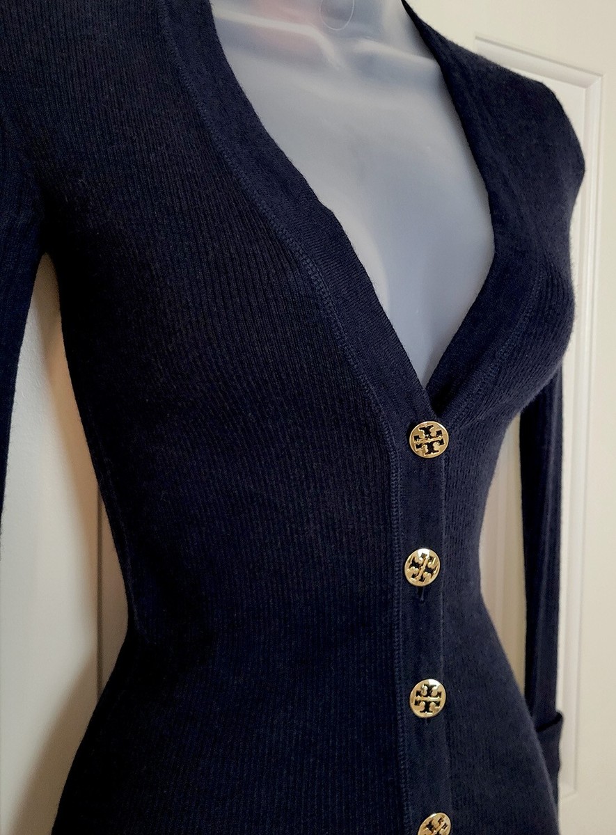 Tory Burch EUC Simone Cardigan Black Ribbed Merino Wool Gold Logo Buttons  Sz XS
