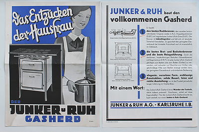 18785 Reklame Blatt JUNKER RUH Gasherde dekorative Werbung um 1930 Karlsruhe