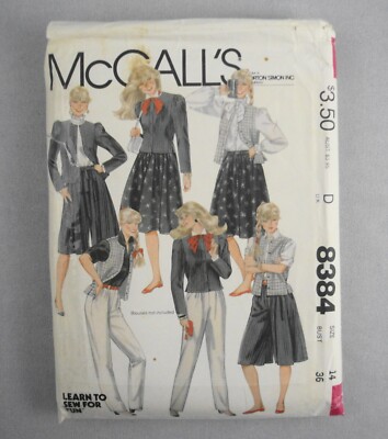 McCall's 8384 Learn to Sew 80's Jacket Vest Pants Skirt Culottes Tie Belt sz 14