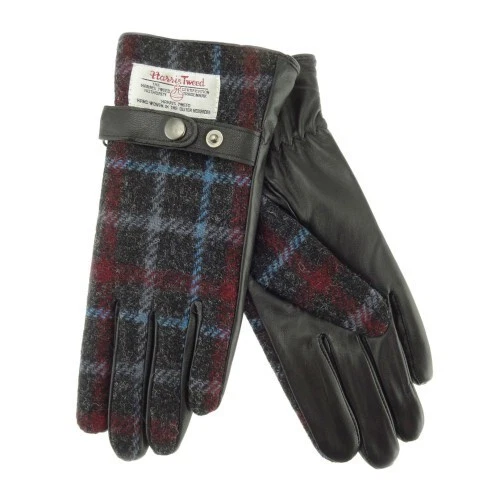 Ladies Authentic Harris Tweed Leather Gloves in Charcoal /Blue Line LB3000 Small