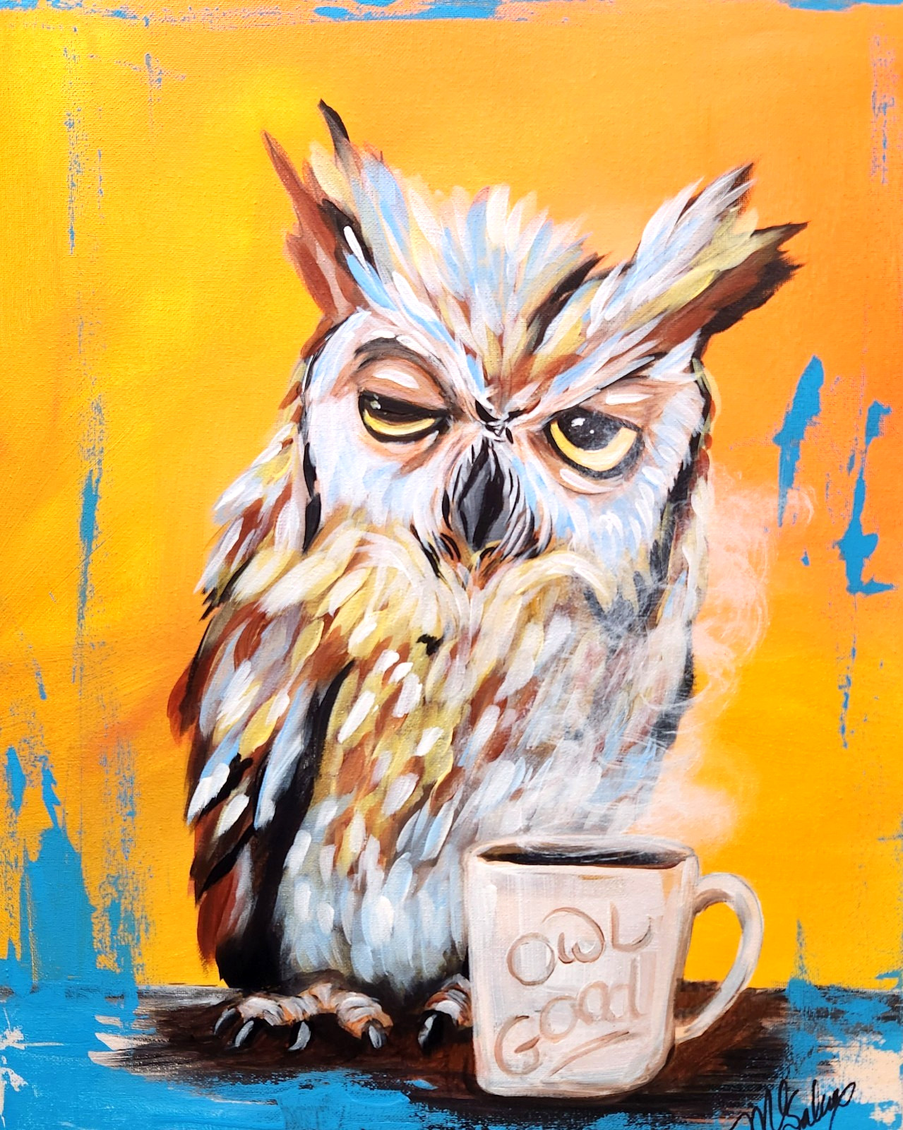 Grumpy Owl Coffee Painting 16x20 Funny Bird Wall Art by M Isaksen