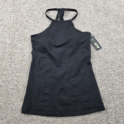 NWT Popflex Active Tank Top Size 8 Built In Bra Halter Strappy Open Back Black 