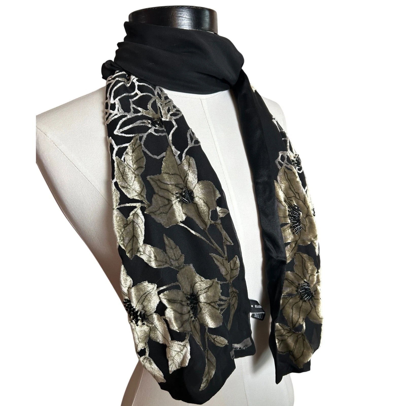 Ellen Tracy Black Gold Silk Blend Burnout Floral Beaded Scarf VTG Elegant