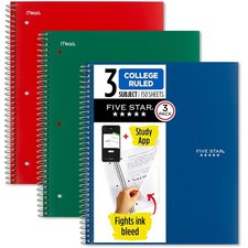 Five Star Spiral Notebook Study App, 3 Pack, 3 Subject, College Ruled Paper, F