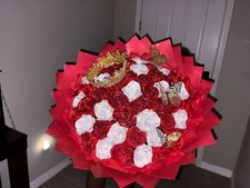 Red and White Silk Rose Bouquet with Decorative Crown and Butterflies