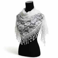 White Triangle Floral Lace Fringed Shawl Wrap...