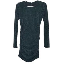 Xtraordinary Green Metallic Shimmer Ruched Bodycon Mini Dress Long Sleeve M