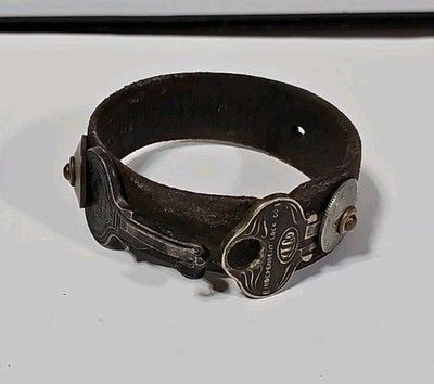 Vintage Folk Art Bracelet Keys Wheat Penny Leather Unique Art