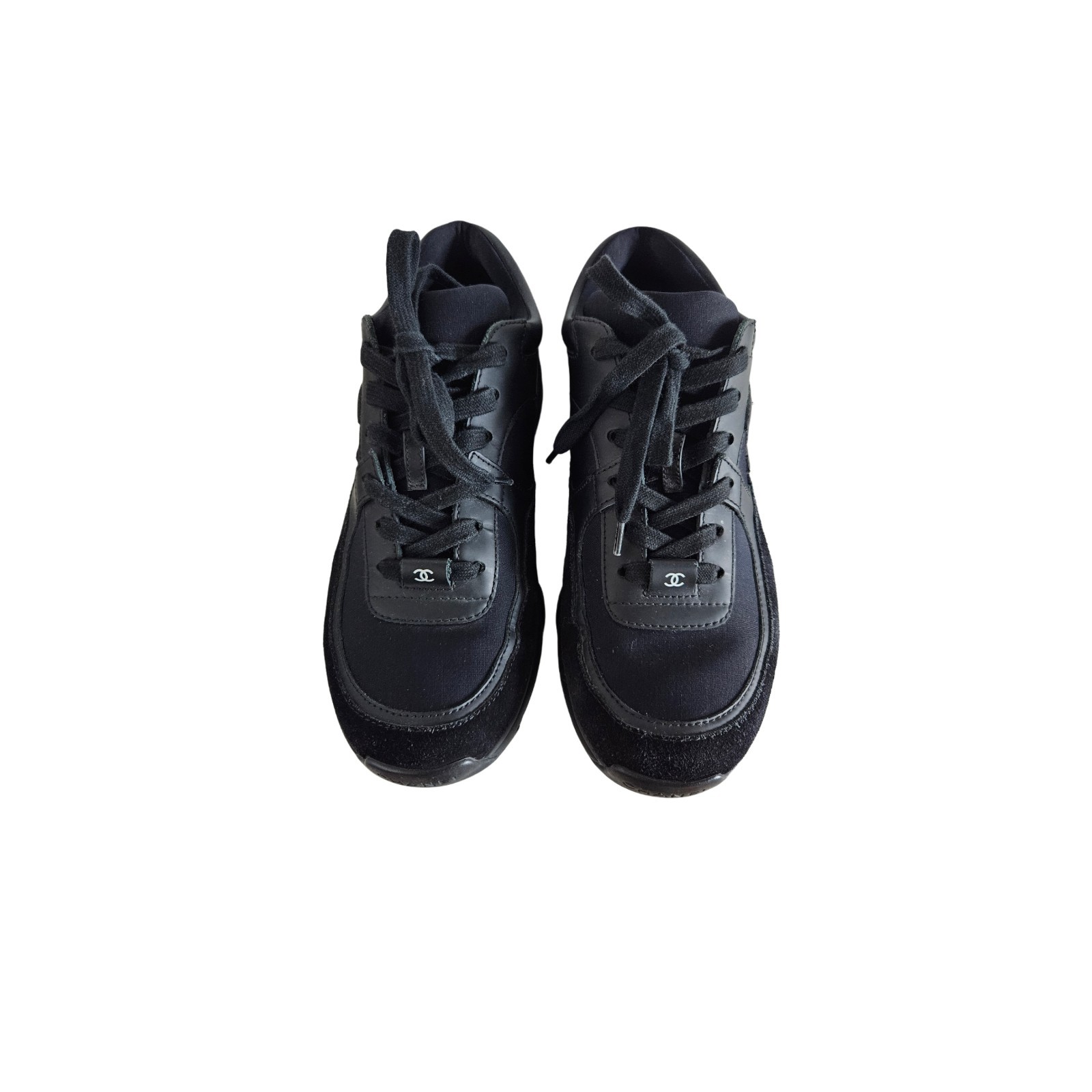 Chanel Black Leather and Suede CC Lace Up Woman Sneakers, Size 38