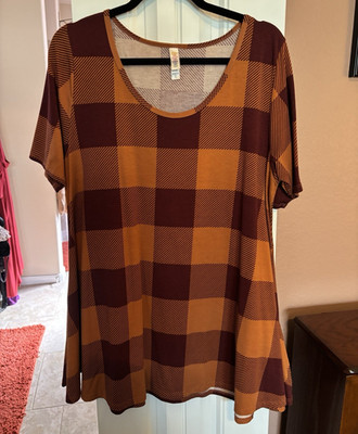 LuLaRoe  Perfect T   Simply Comfortable Plaid Brown Orange scoop neck Size XL