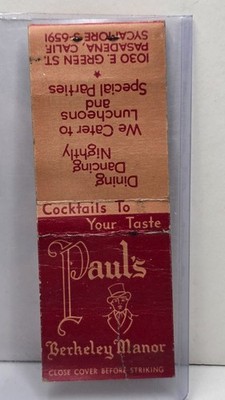 1940's Matchbook Cover PAUL'S BERKELEY MANOR Restaurant Pasadena California CA