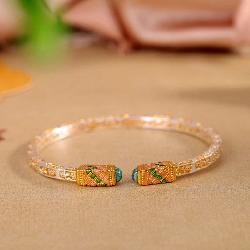 Versatile 25 Gram Fine Silver Bangle Gold Gilding Good Fortune Words Adjustable - Image 3 of 4