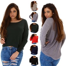 Damen Pullover Vokuhila kuschelig Stretch Rundhals sexy bauchfrei weich Komfort