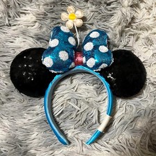 Disney- Parks Blue  White Polka Dot Sequin Timeless Flower Minnie Ears Headband