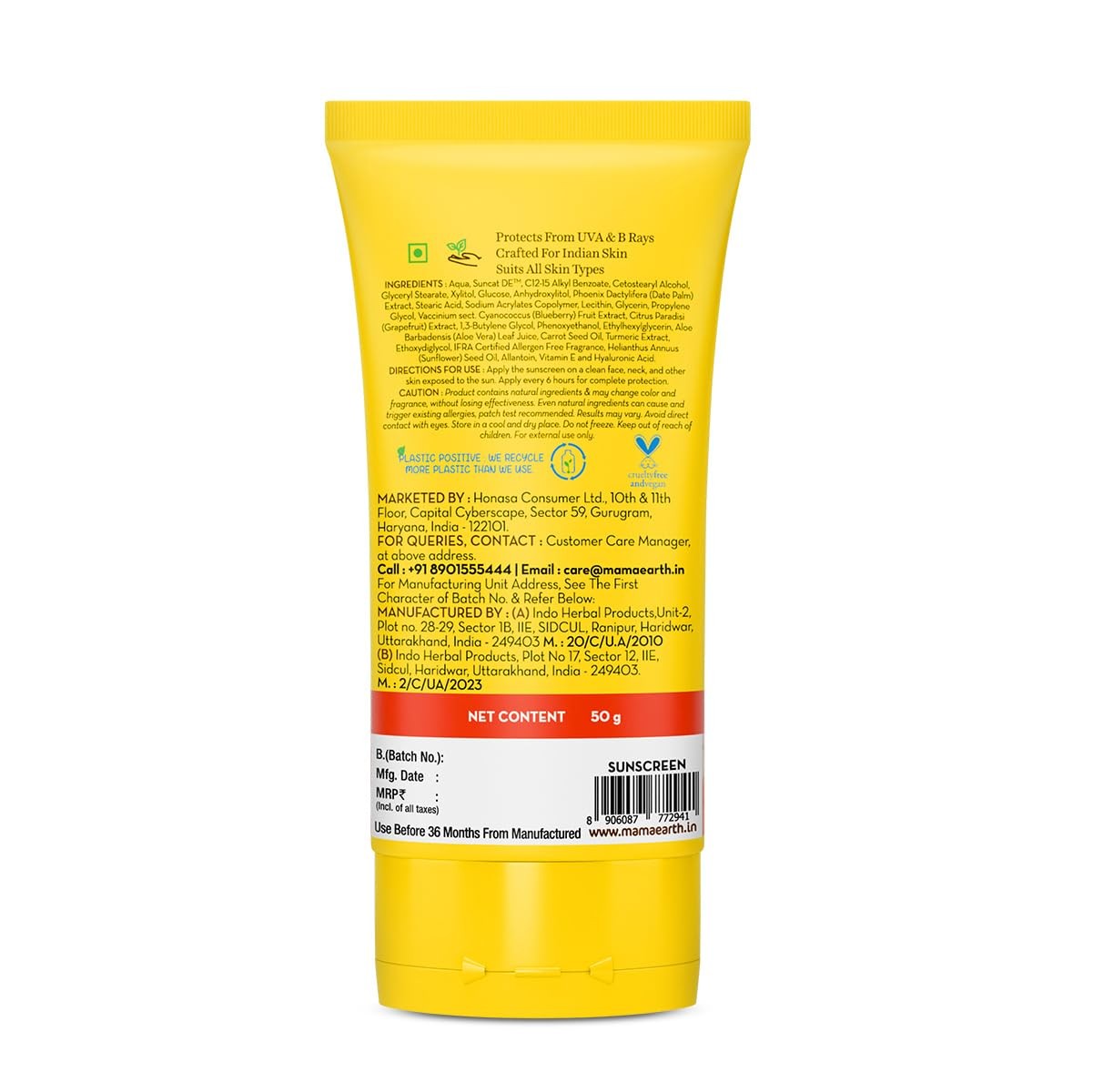 Mamaearth Sunscreen SPF 50 PA++++ 50g No White Cast Non-Greasy Quick Absorbing A