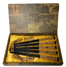 Vintage "Lucky Fortune" 5 Pair Chopsticks Set-Wooden Rests-Display Box-Unused