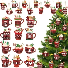 BBTO 36 Pieces Christmas Ornaments Hot Cocoa Wood Buffalo Plaid Coffee Mug... 