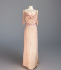 Badgley Mischka LONG BEADED Pink SILK FLORAL LACE FORMAL DRESS PROM GOWN S 8 10