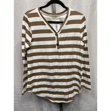 BOM BOM Women's Long Sleeve Striped V Neck Button Detail Top Medium Made in USA