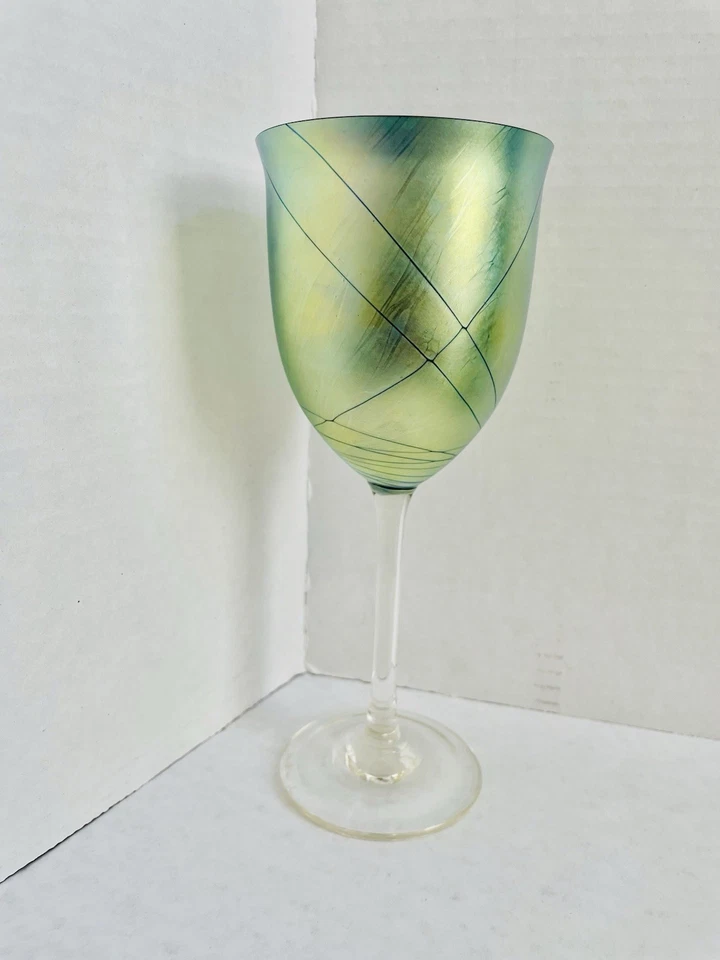 Steven Maslach-Iridescent Wine Glass Handmade Art Glass Signed 1981 - Image 4 of 4