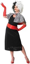 Ladies Disney Cruella De Vil 101 Dalmatians Fancy Dress Costume & wig