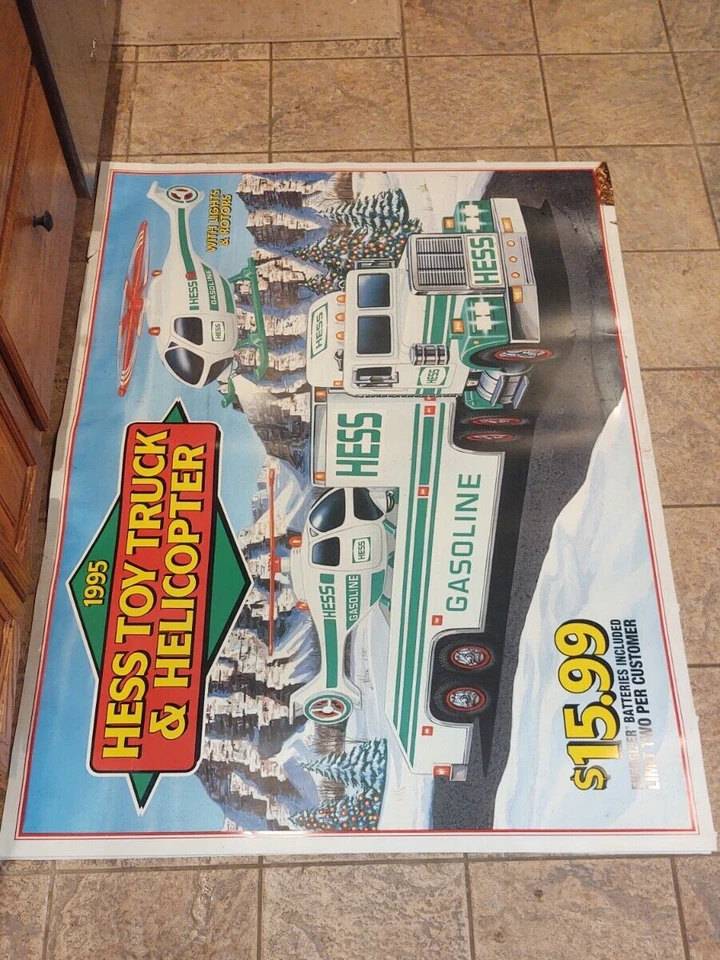 HUGE 5 FEET X 43" Hess Gas Station Toy Truck Helicopter Plastic Poster Sign 1995 - Image 2 of 4