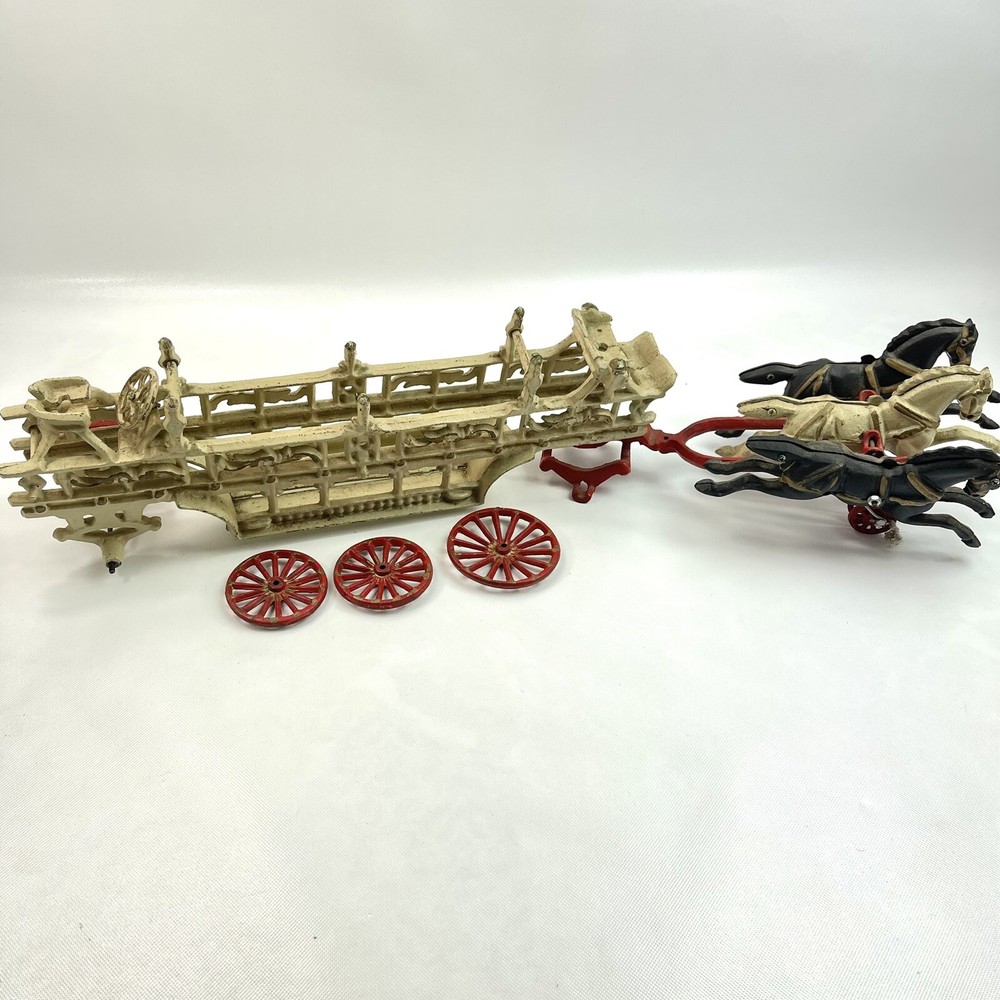 Vintage Cast Iron 3 Horse Drawn Hook & Fire Engine Wagon Antique Toy