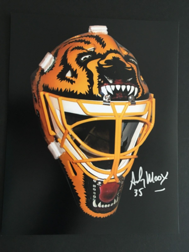 ANDY MOOG AUTOGRAPHED  8 X 10 BOSTON BRUINS MASK  PHOTO W/ C.O.A. - Picture 1 of 5